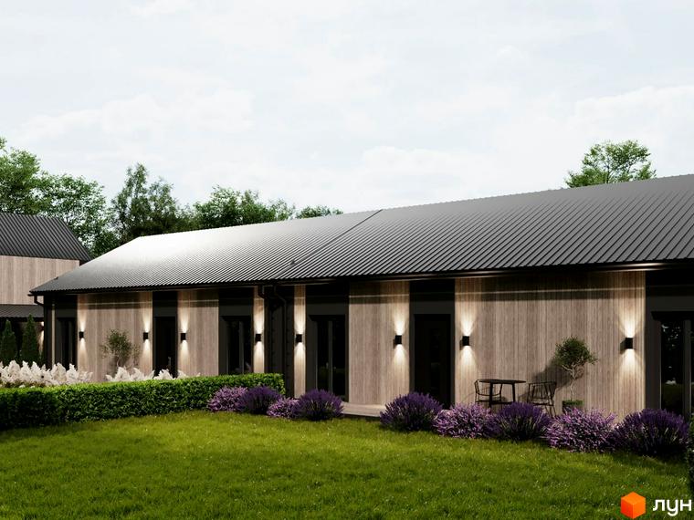 Котеджне містечко КМ NOVA ГУЦУЛЬЩИНА з дерев'яним фасадом та сірим дахом, оточене зеленим газоном та лавандовими кущами.