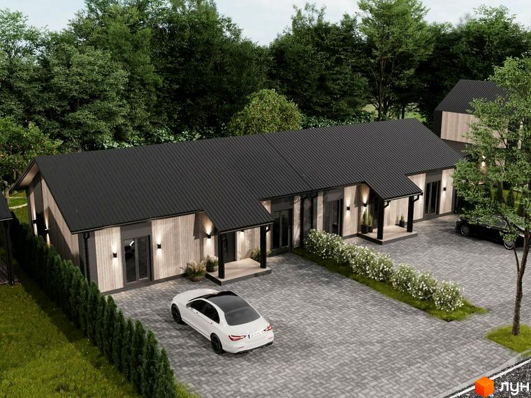 Котеджне містечко NOVA Гуцульщина: фасади з дерев'яною обшивкою та чорним металевим дахом, прибудинкова територія з бруківкою та зеленню.