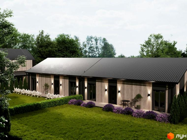 Котеджне містечко КМ NOVA ГУЦУЛЬЩИНА. Будинок з дерев'яним фасадом та чорним дахом, зелений газон та лавандові кущі.