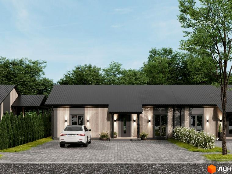 Котеджне містечко КМ NOVA ГУЦУЛЬЩИНА. Сучасний одноповерховий будинок з дерев'яним фасадом та чорним дахом, поруч доглянута прибудинкова територія з бруківкою та зеленню.