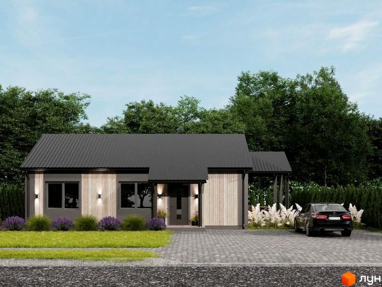 Котеджне містечко КМ NOVA ГУЦУЛЬЩИНА. Одноповерховий будинок з темним дахом та дерев'яними елементами фасаду, розташований на бруківці з автомобілем.