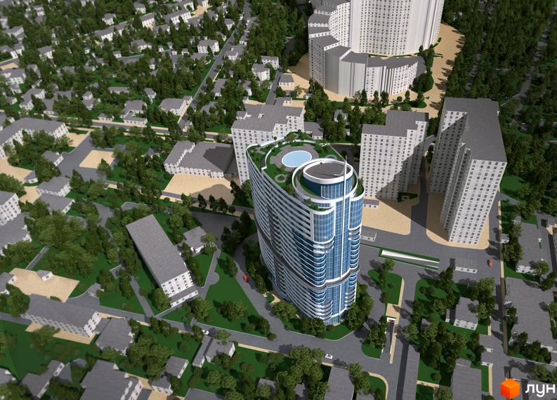 Візуалізація житлового комплексу Новий берег з оглядом на будівлі та прибудинкову територію. Висотна будівля з вигнутим фасадом та зеленою зоною на даху.