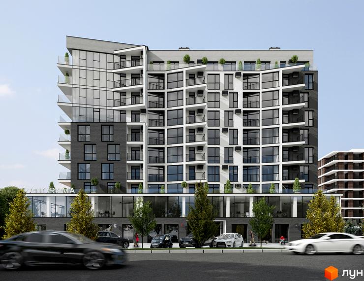 Новобудова ЖК Panorama з панорамними вікнами та балконами, фасади оздоблені темною цеглою та білою штукатуркою. Перед будинком розташована прибудинкова територія з деревами та дорогою з автомобілями.