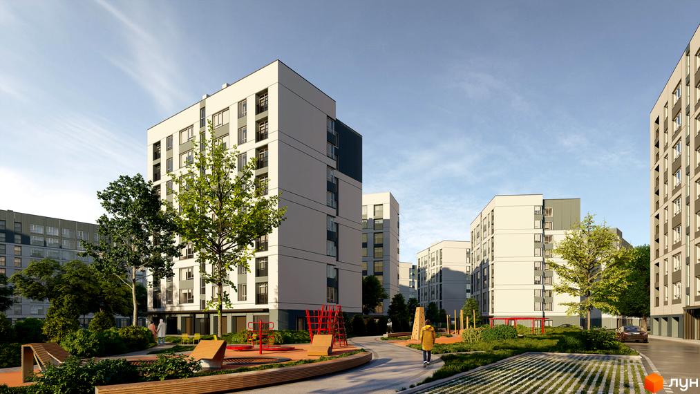 Житловий комплекс Опришівська Слобода. Багатоповерхові будинки з білими фасадами та темними вставками. На території дитячий майданчик та зелені насадження.