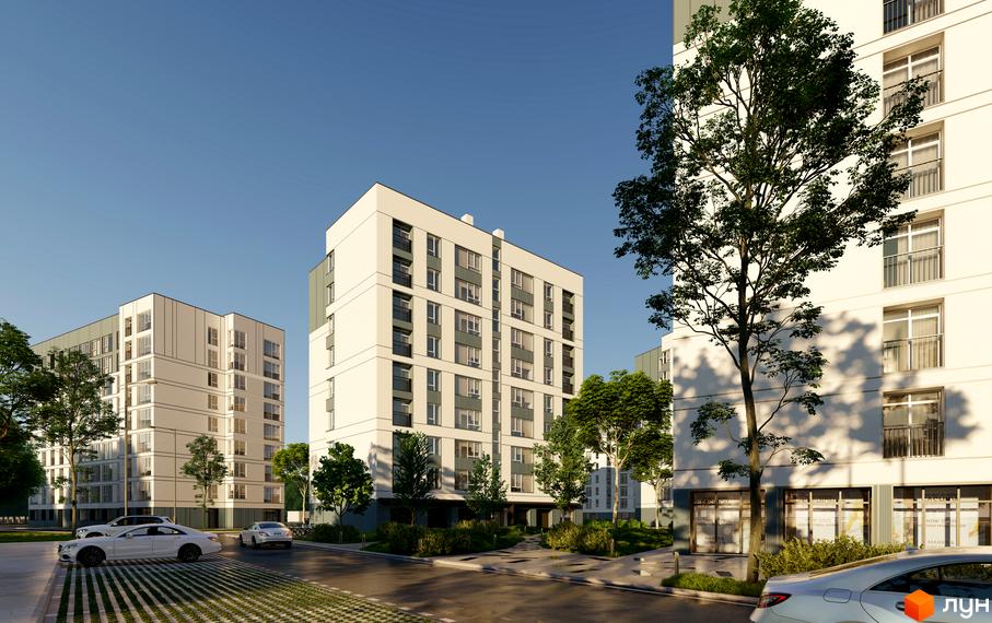 Житловий комплекс Опришівська Слобода. Високі будинки з білими фасадами та сірими дахами. На території багато зелені та місця для паркування.