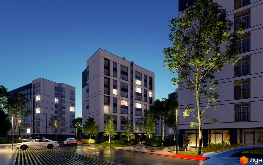 Житловий комплекс Опришівська Слобода. Багатоквартирний будинок з великими вікнами, поруч дерева та припарковані автомобілі. Вечірнє освітлення.