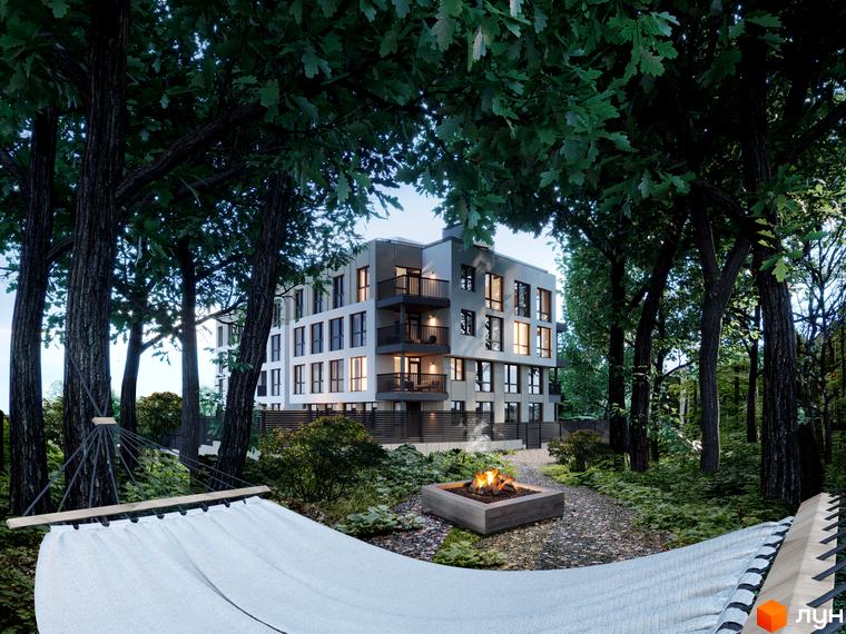 Фасад Клубного будинку Forest Etalon Club з балконами та великими вікнами, оточений лісом. На прибудинковій території є вогнище та гамак.