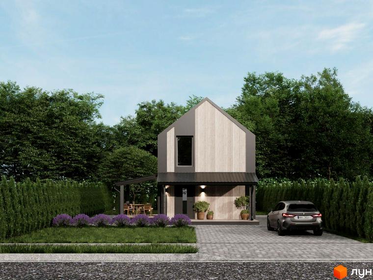 Котеджне містечко КМ NOVA ГУЦУЛЬЩИНА. Зовнішній вигляд двоповерхового будинку з дерев'яним фасадом, прибудинкова територія з лавандою та автомобілем.