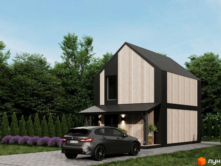 Котеджне містечко КМ NOVA ГУЦУЛЬЩИНА: двоповерховий будинок з дерев'яними та чорними фасадами, навісом та прибудинковою територією з автомобілем та лавандою.