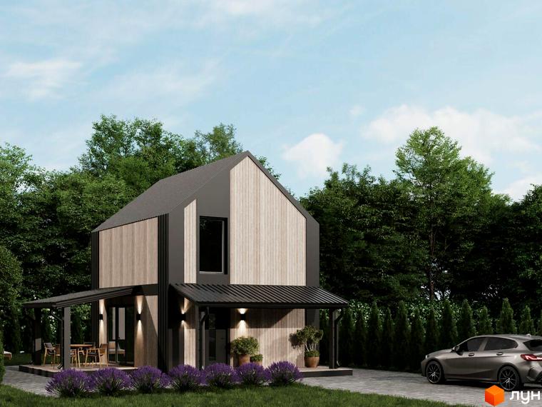 Котеджне містечко КМ NOVA ГУЦУЛЬЩИНА: двоповерховий будинок з дерев'яним фасадом та чорним дахом, поруч тераса зі столиком та стільцями, зелені насадження та сірий автомобіль на бруківці.
