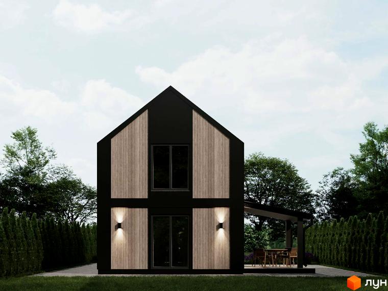 Котеджне містечко КМ NOVA ГУЦУЛЬЩИНА. Зовнішній вигляд двоповерхового будинку з дерев'яними та чорними фасадами, з терасою та зоною відпочинку.