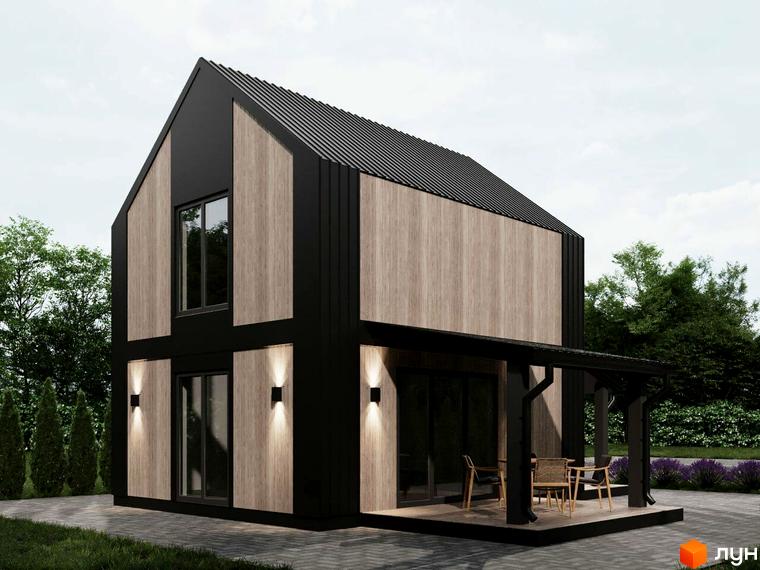 Котеджне містечко КМ NOVA ГУЦУЛЬЩИНА. Зовнішній вигляд двоповерхового будинку з дерев'яними та чорними елементами фасаду, терасою та освітленням. Навколо будинку зелені насадження та доріжка.