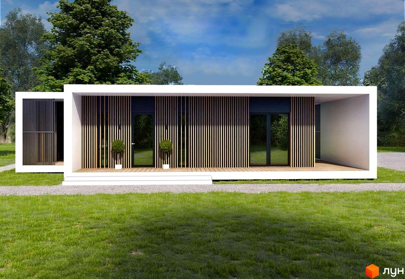 Будинок з дерев'яним фасадом та скляними дверима, розташований на зеленій галявині. Поряд з будинком ростуть дерева, що створюють затишну атмосферу.