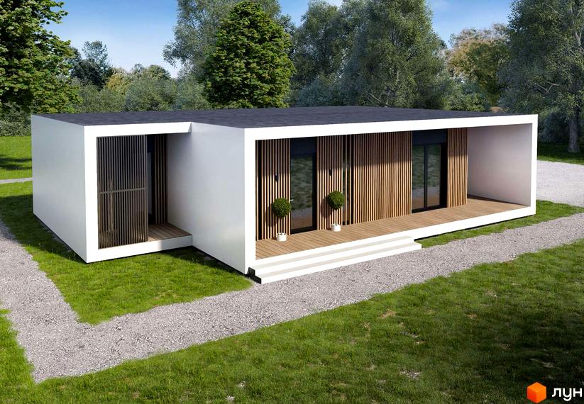 Котеджне містечко Module House Polyana: одноповерховий будинок з білими стінами, дерев'яним оздобленням та терасою. Прибудинкова територія з газоном та гравійною доріжкою.