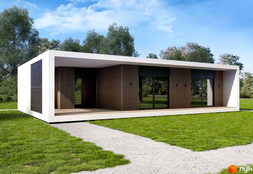 Одноповерховий будинок з панорамними вікнами та дерев'яними панелями на фасаді. Поряд галявина з травою та доріжка з гравію.