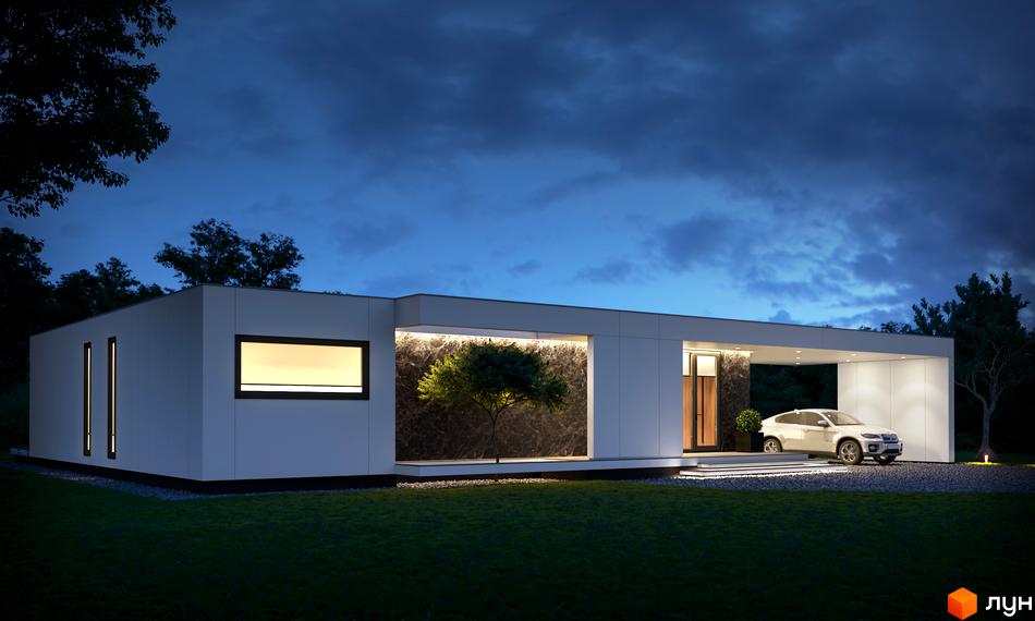 Котеджне містечко Module House Polyana: Білий одноповерховий будинок з великими вікнами та підсвіченою нішею, поруч автомобіль на гравійній доріжці та зелений газон.