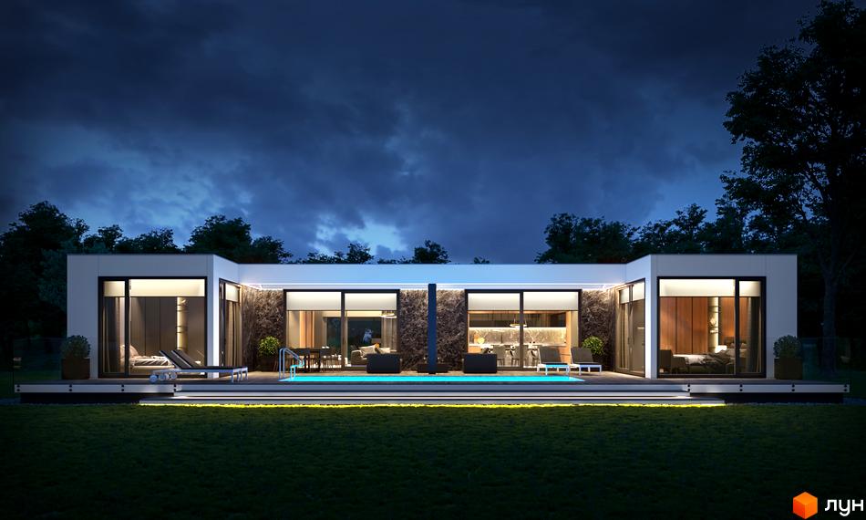 Будинок з великими вікнами та підсвічуванням фасаду. На подвір'ї басейн та зона відпочинку. Містечко котеджів Module House Polyana.