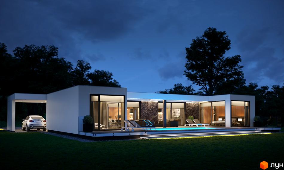 Нічний вид на одноповерховий будинок білого кольору з великими вікнами та басейном з підсвічуванням. Зображення Котеджного містечка Module House Polyana.