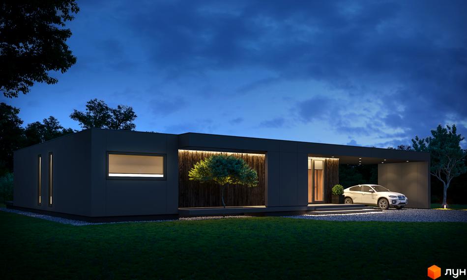 Зображення сторінки Котеджне містечко Module House Polyana. Одноповерховий будинок з темним фасадом, великими вікнами та підсвічуванням. Перед будинком газон, доріжка з каміння та припаркований автомобіль.