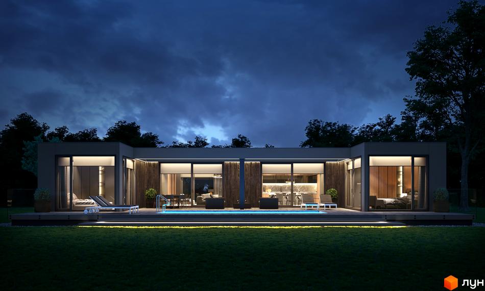 Котеджне містечко Module House Polyana: Вечірній вигляд одноповерхового будинку з великими вікнами, басейном та освітленою прибудинковою територією.