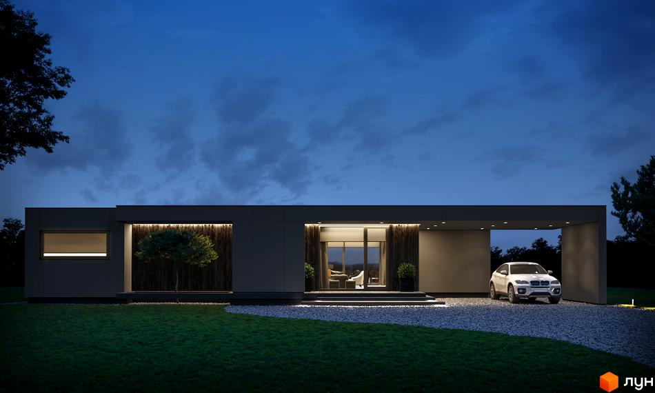 Вечірній вигляд Котеджного містечка Module House Polyana: одноповерховий будинок з темним фасадом, освітленим інтер'єром та гравійною доріжкою з автомобілем.