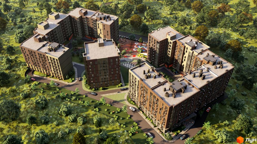 Житловий комплекс Vodogray UN1T - це сучасна новобудова з цегляним фасадом та великими вікнами, розташована серед зеленої зони з доглянутою прибудинковою територією.