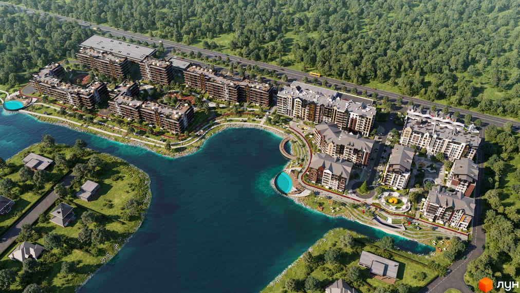 Житловий комплекс BASA city біля водойми. На території комплексу є басейни та зони відпочинку. Будинки мають сучасний дизайн з великими вікнами та терасами.