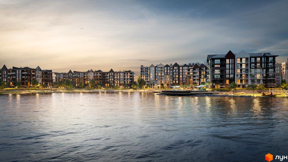 Житловий комплекс BASA city біля водойми. Багатоквартирні будинки з панорамними вікнами та терасами. На березі облаштована зона відпочинку.