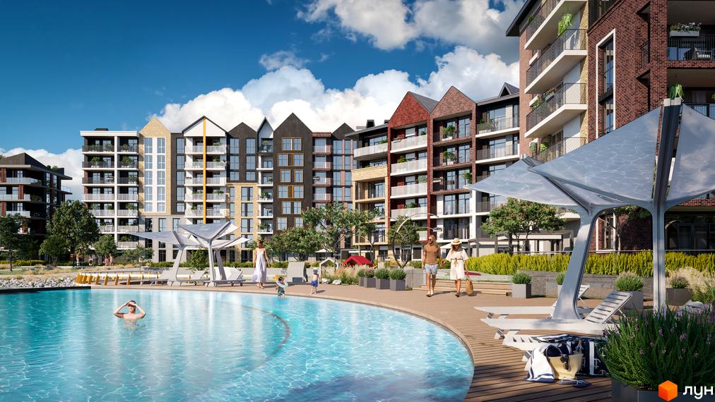 Житловий комплекс BASA city з басейном та зоною відпочинку. Багатоквартирний будинок з балконами та терасами, облицьований цеглою та світлою штукатуркою.