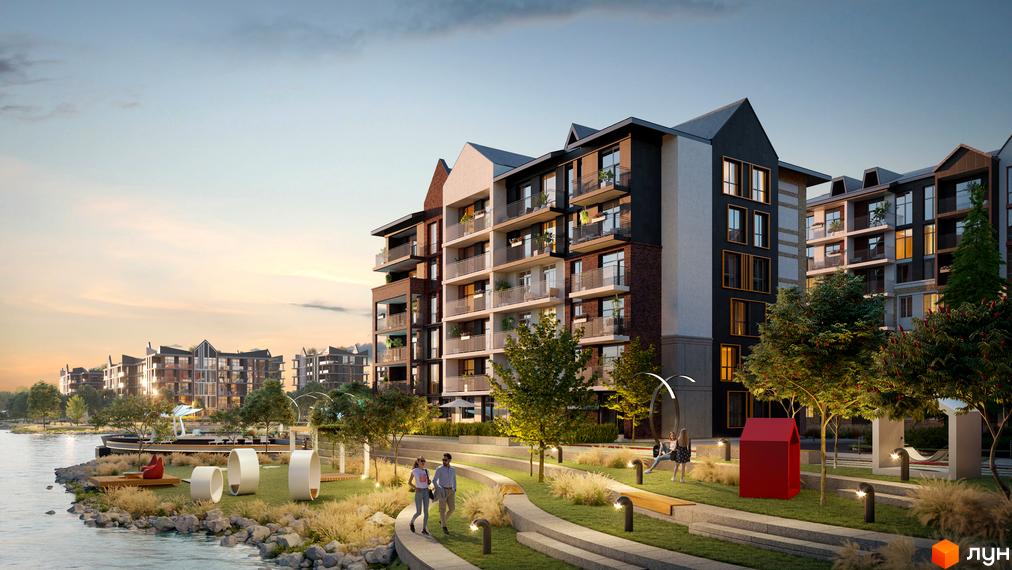Житловий комплекс BASA city з видом на річку. Багатоквартирні будинки з балконами та гарним ландшафтним дизайном: доріжки, дерева, газони.