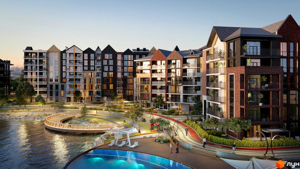 Багатоповерхові будинки Житлового комплексу BASA city з цегляними та темними фасадами, балконами. Прибудинкова територія має набережну, басейн та зелені зони.