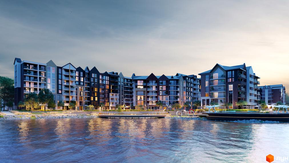 Житловий комплекс BASA city з будинками різної поверховості, балконами та освітленими вікнами на березі водойми. Набережна має озеленення та пірс.