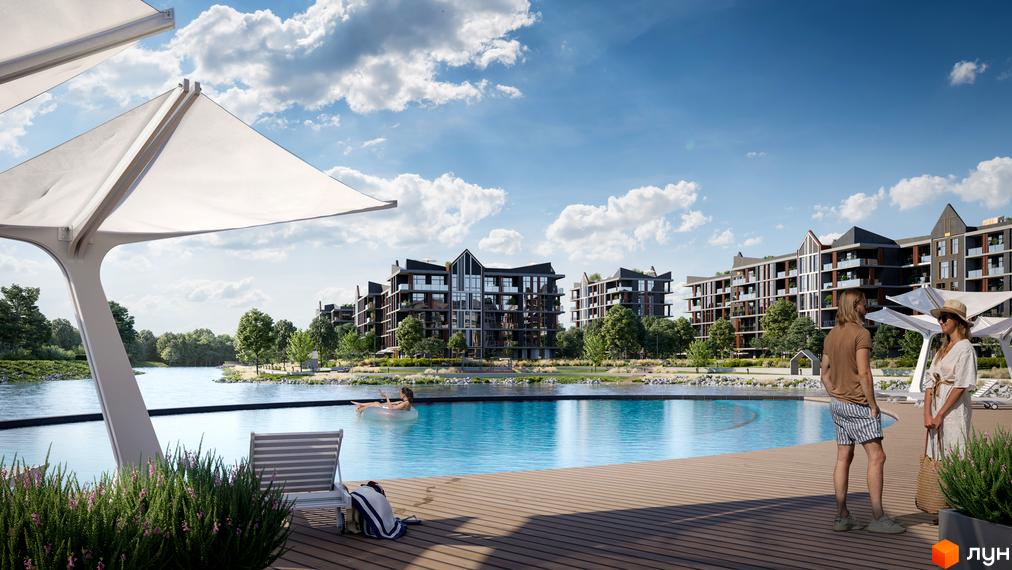 Житловий комплекс BASA city з багатоповерховими будинками, темними фасадами та характерними дахами. Поруч розташований великий басейн, водойма та зелені насадження.