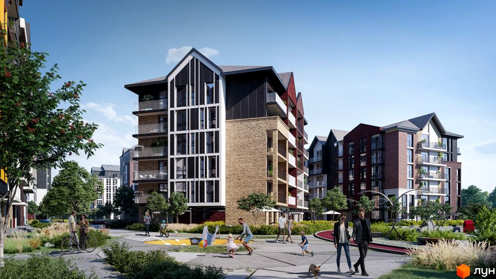 Житловий комплекс BASA city: будинки з цегляними фасадами та гострими дахами. Прибудинкова територія з зеленими насадженнями та зонами відпочинку.