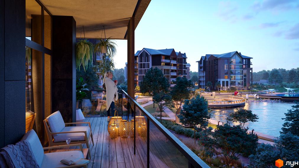 Житловий комплекс BASA city з видом на водойму. На балконі стоять крісла, ліхтарі та рослини.