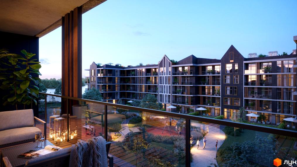 Житловий комплекс BASA city з темними фасадами, балконами та великими вікнами. Вид на внутрішній двір з доріжками, зеленими насадженнями та дитячим майданчиком.