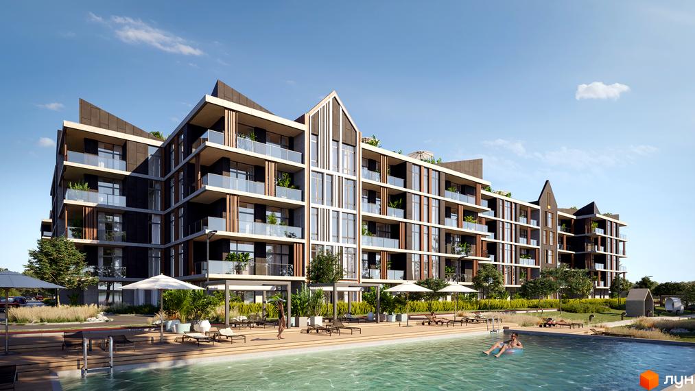 Зображення житлового комплексу BASA city з басейном та зоною відпочинку. Багатоповерховий будинок з панорамними вікнами та балконами.