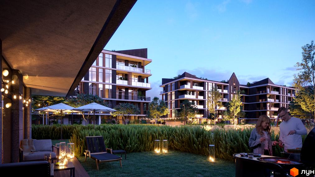 Житловий комплекс BASA city з багатоквартирними будинками, великими вікнами та балконами. На прибудинковій території зелений газон та зона барбекю.