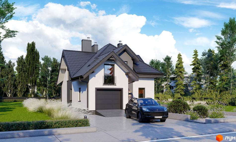 Котеджне містечко Praud Hills: білий двоповерховий будинок з темним дахом та гаражем, прибудинкова територія з газоном та деревами. Екстер'єр новобудови.