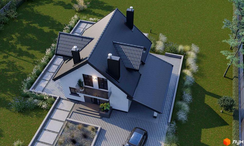 Котеджне містечко Praud Hills: двоповерховий будинок з чорним дахом та білими стінами, прибудинкова територія з газоном та доріжками.