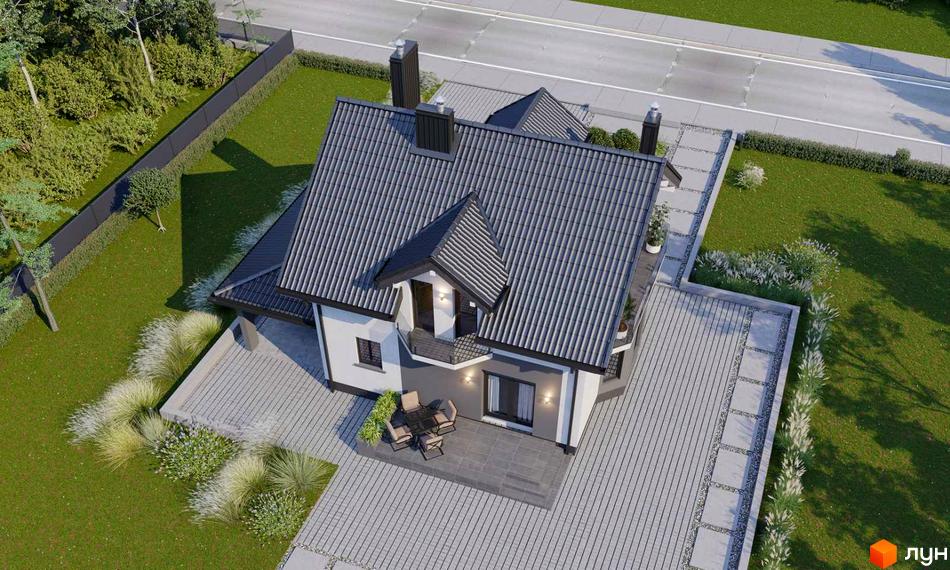 Котеджне містечко КМ Praud Hills: двоповерховий будинок з сірим дахом та білими стінами, прибудинкова територія з бруківкою та зеленими насадженнями.