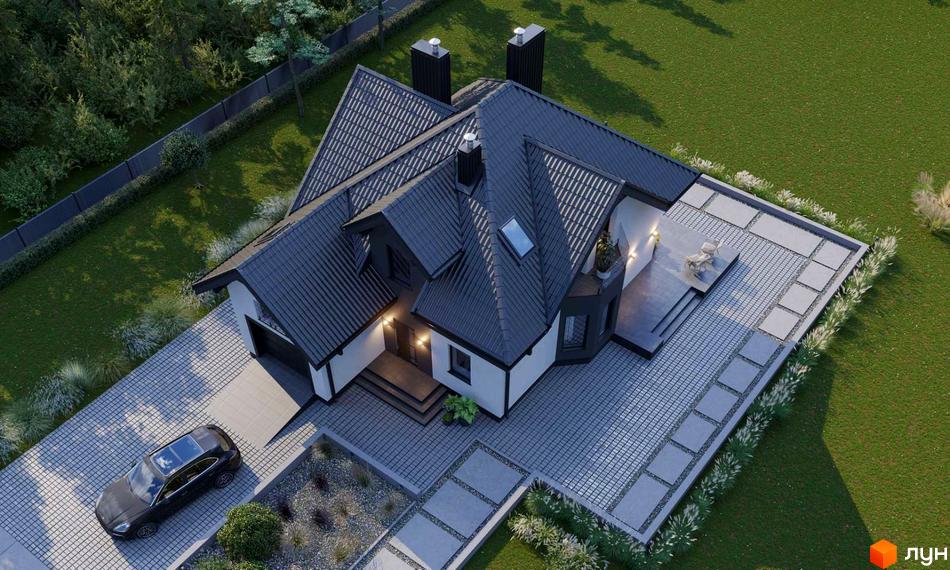 Котеджне містечко Praud Hills: двоповерховий будинок з темним дахом, білими стінами та гаражем. Прибудинкова територія з терасою, доріжками та газоном.