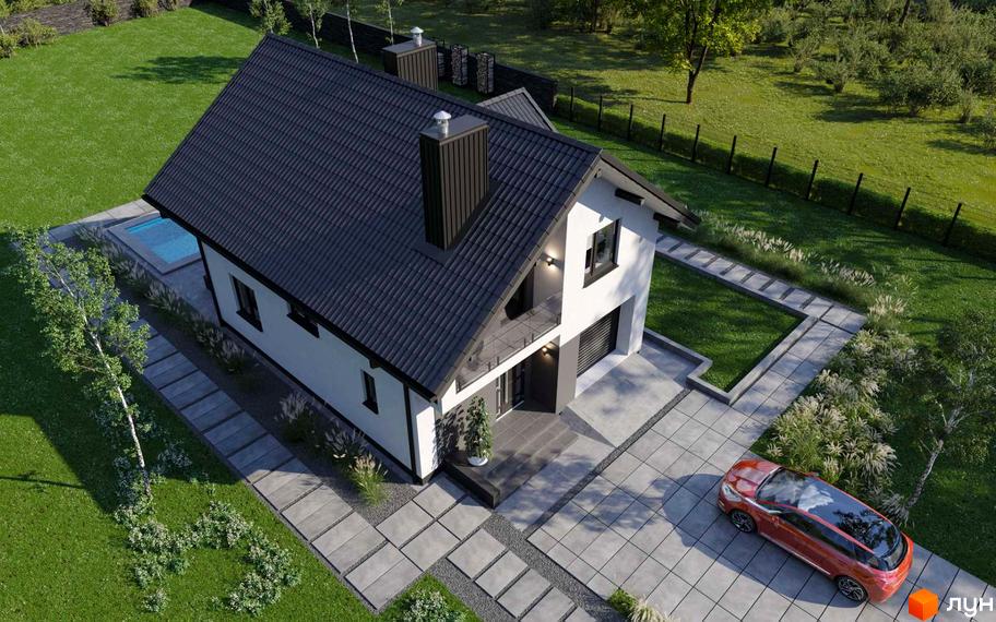 Котеджне містечко Praud Hills: двоповерховий будинок з білими стінами та темним дахом, поруч басейн та доглянута прибудинкова територія з доріжками та зеленню.