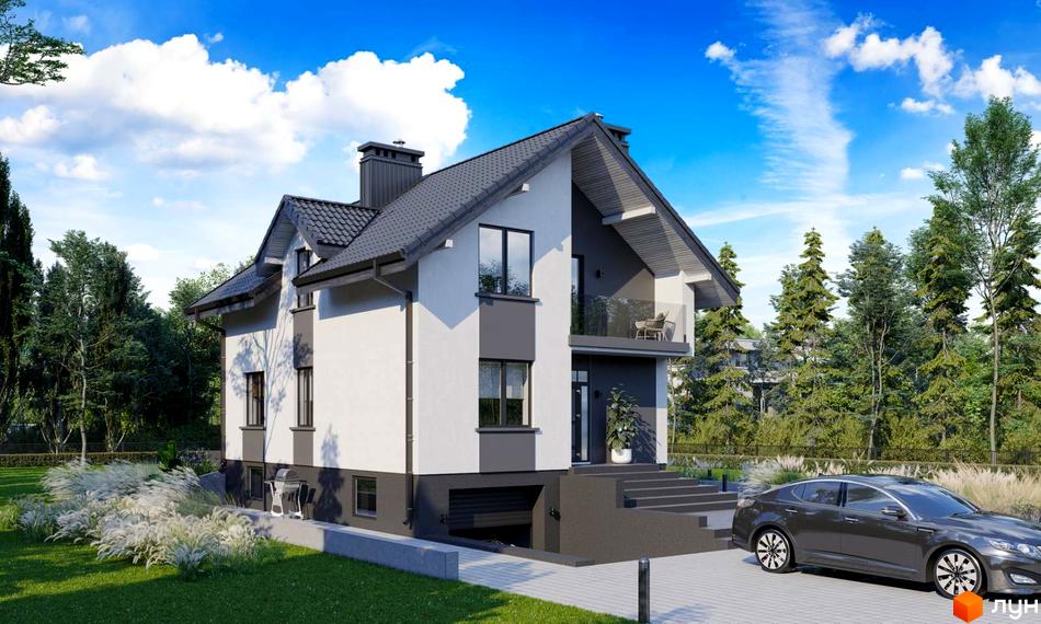 Котеджне містечко Praud Hills: двоповерховий будинок з сірим дахом, білими стінами та темними вікнами, розташований на зеленій ділянці з деревами та автомобілем на під'їзній доріжці.