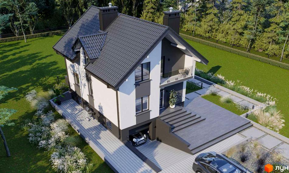 Котеджне містечко КМ Praud Hills: двоповерховий будинок з сірим дахом, біло-сірими стінами та балконом. Прибудинкова територія з газоном, деревами та доріжками.