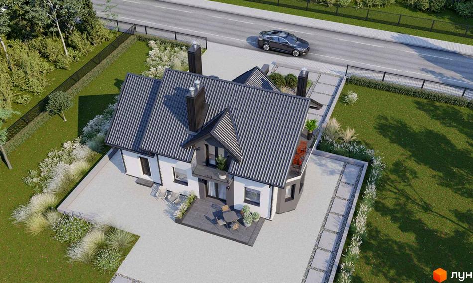 Котеджне містечко KM Praud Hills: двоповерховий будинок з сірим дахом, білими стінами та темними акцентами. Прибудинкова територія з доглянутим газоном, декоративними рослинами та доріжками.