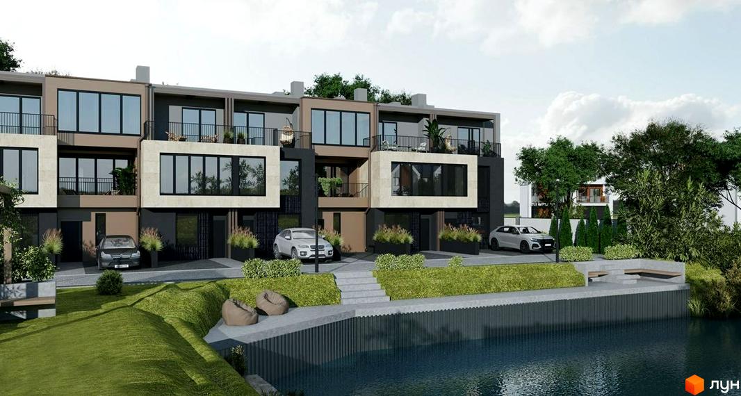 Таунхауси Rusaniv Gardens з багатоповерховими будівлями, великими вікнами та балконами. Територія має зелені газони та набережну біля водойми.