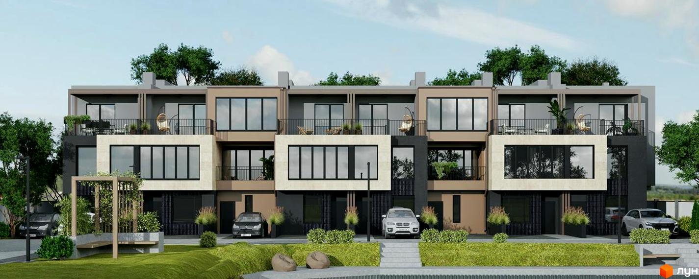 Зображення будинку житлового комплексу Rusaniv Gardens. Сучасні таунхауси з балконами, поруч газон та дерева.