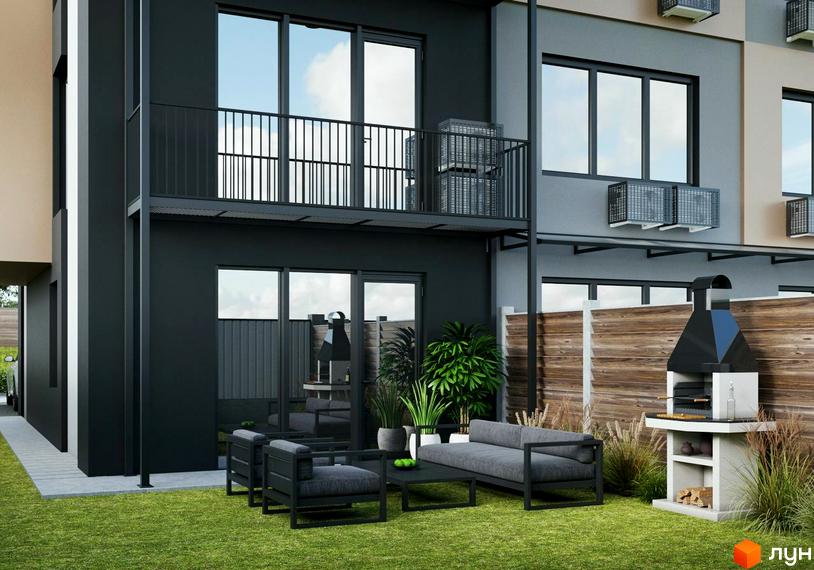 Таунхауси Rusaniv Gardens з темним фасадом, великими вікнами та балконами. На прибудинковій території зелений газон, зона відпочинку з меблями та мангал.