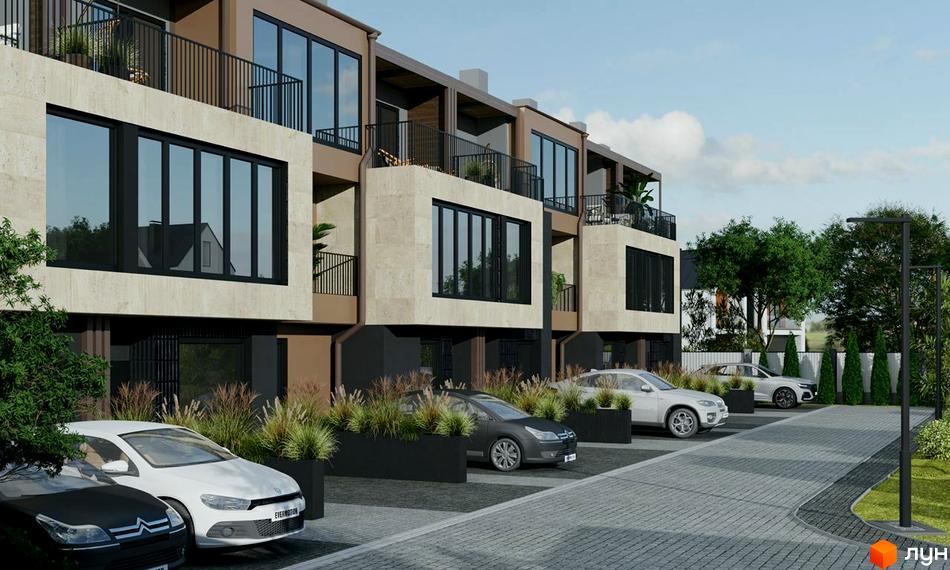 Ряд триповерхових таунхаусів Rusaniv Gardens з бежевими фасадами та великими вікнами. Перед будинками облаштована парковка з зеленими насадженнями та деревами.